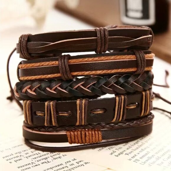 Men's Genuine Brown Braided Bracelet Set - Picture 2 of 3